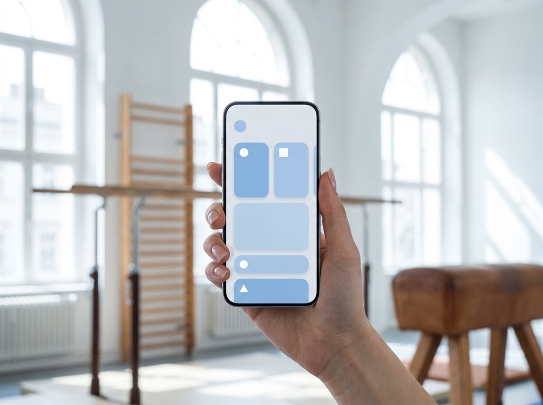 Smartphone mit Vereins-App in einer hellen Turnhalle